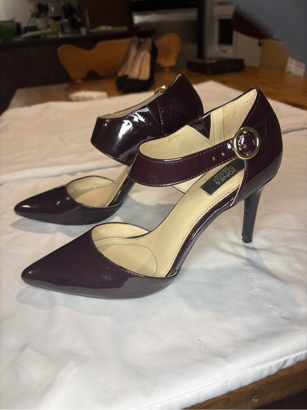 Jones New York Patent Burgundy Mary Jane Heels with Gold Buckle